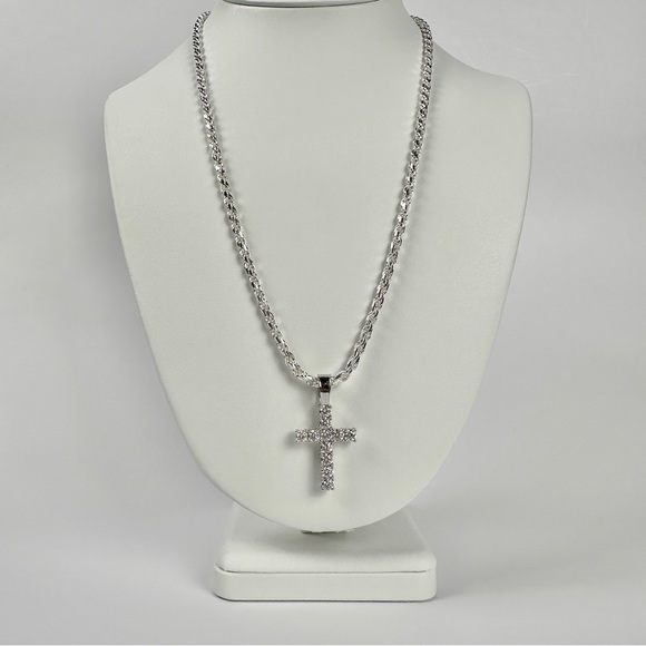 Iced Moissanite Chain And Cross Set 4mm Diamond Cut Rope & Moissanite Cross 22”